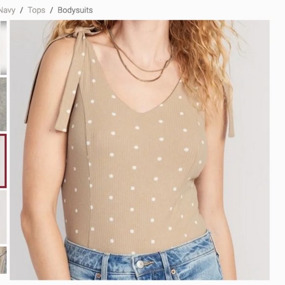 2 Old Navy Tie-Shoulder V-Neck Rib-Knit Bodysuit White & Tan PolkaDot Large NEW - Picture 4 of 11